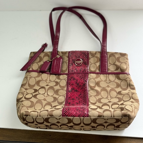 Coach Handbags - Coach Signature Python Stripe Raspberry Tote Bag